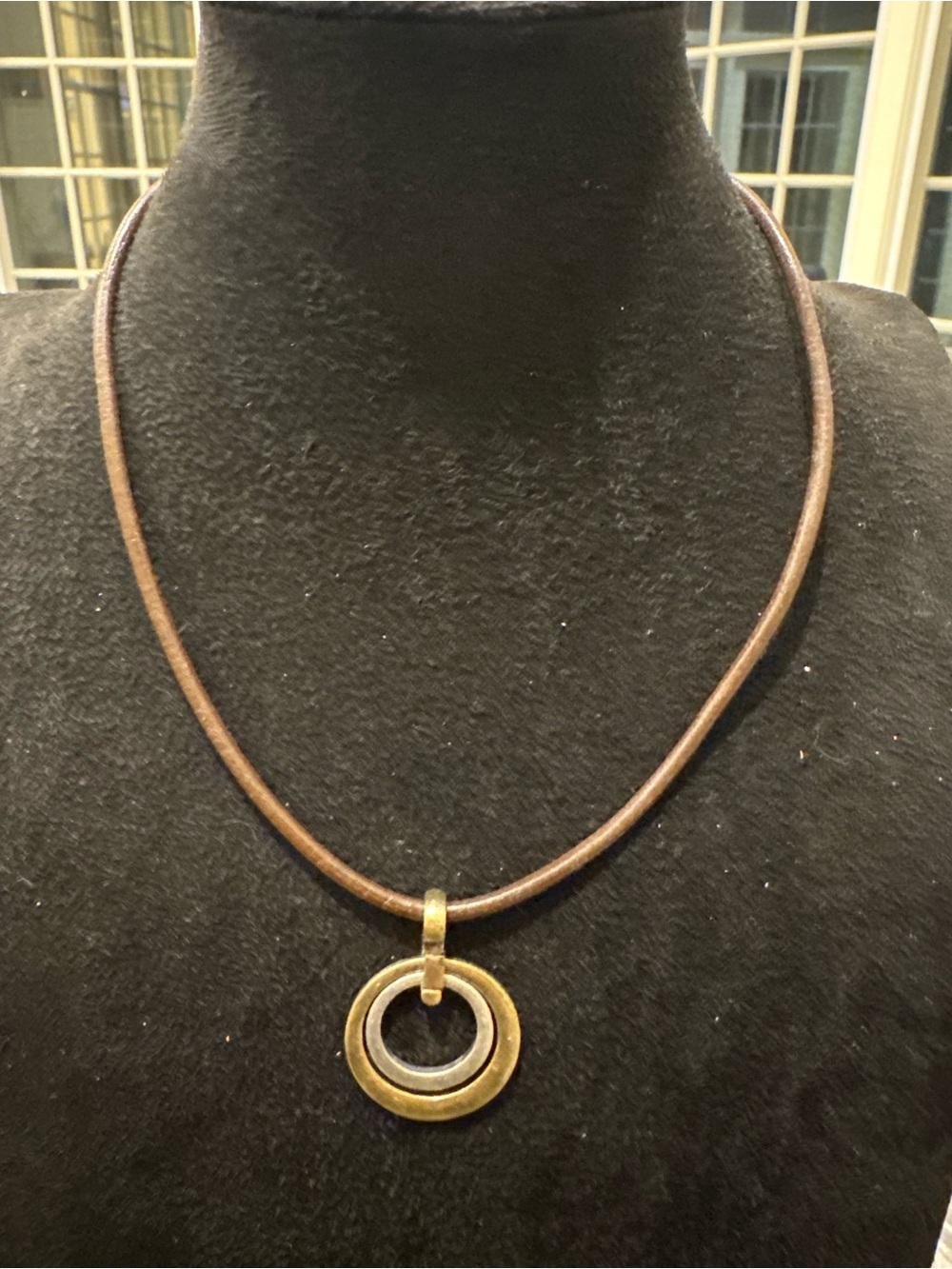 Two Tone Circle Pendant Brown Cord Necklace Gold Silver Tone Geometric